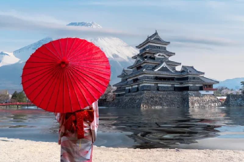una donna in kimono davanti il castello giapponese a tokyo , citta di tokyo